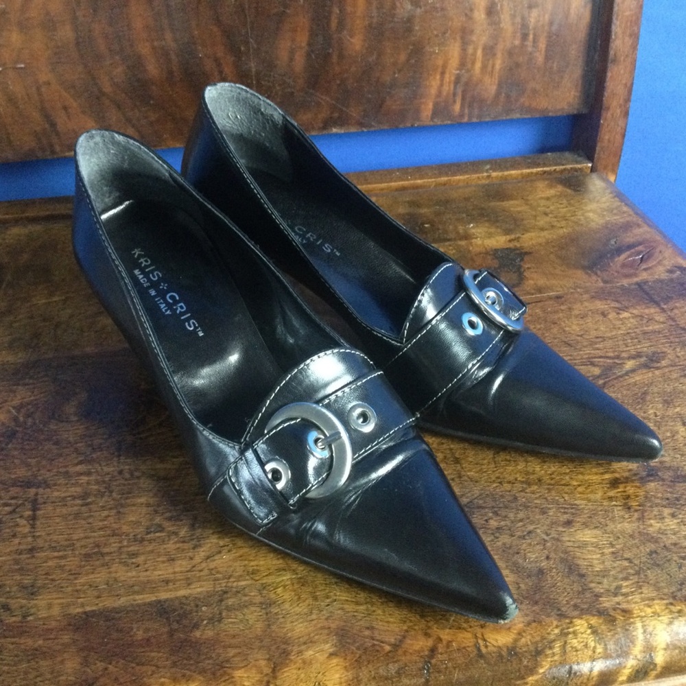 Vintage Leather Heels 37 Buckle Pointed Black Italian Kris and Cris Goth